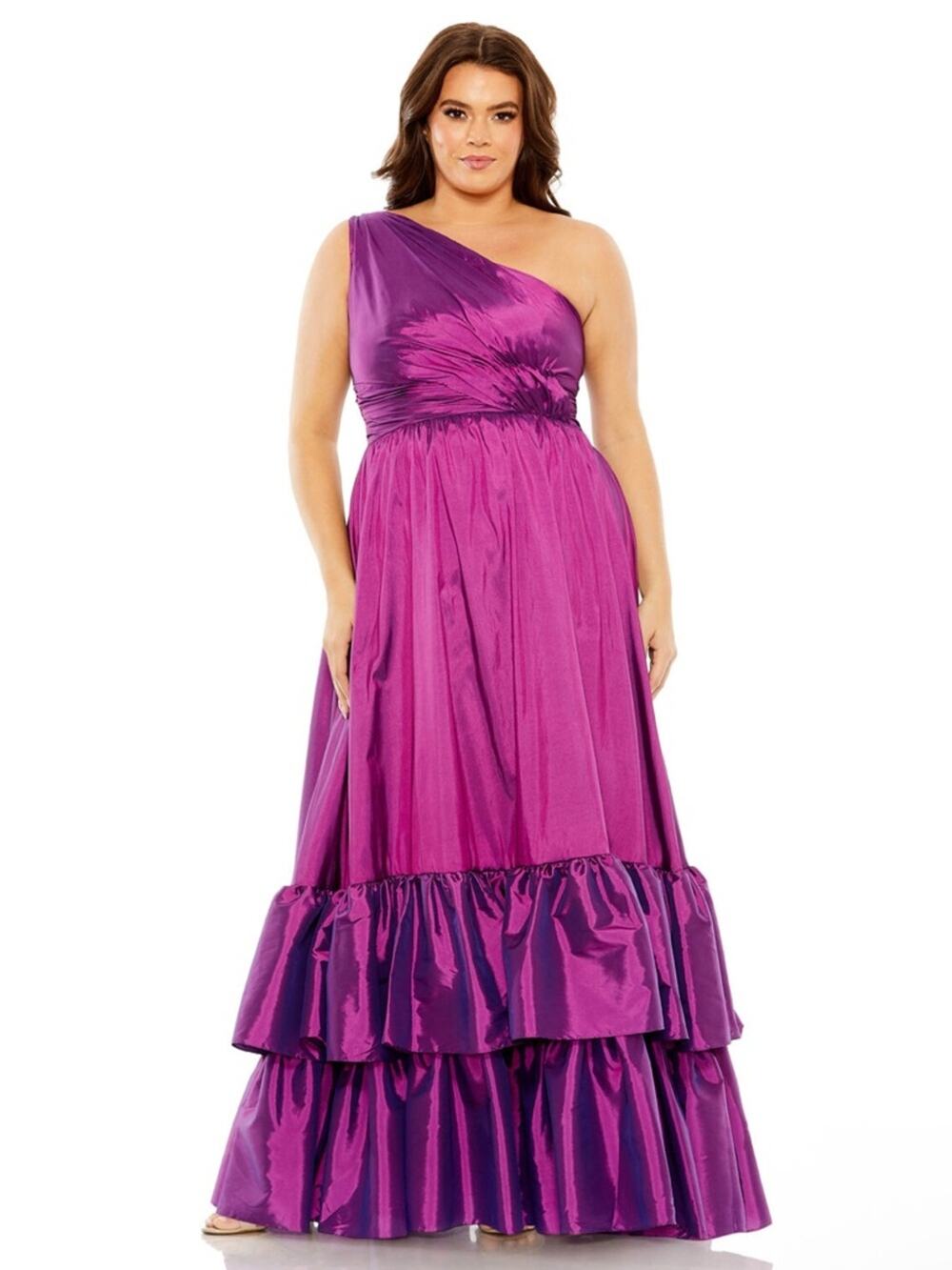 Mac Duggal 68527 Ruffle Skirt One Shoulder Dress Purple Size 14W NWT plus